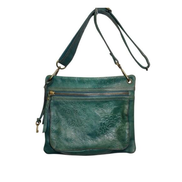 FOSSIL Morgan Traveler Crossbody Teal Floral Leather Messenger Bag Purse W Key - Picture 1 of 13